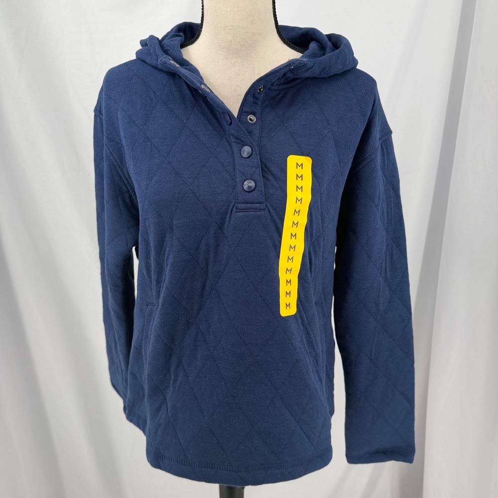 Lands' End Women Navy Blue Quilted Pullover Hoodie Snap Neck Sweatshirt Medium